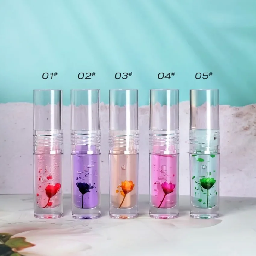 Private Label 5colors Flower Clear Lip Oil Nourishing Long Lasting Easy To Apply Color-changing Hydrating Vealentine's Day Gift