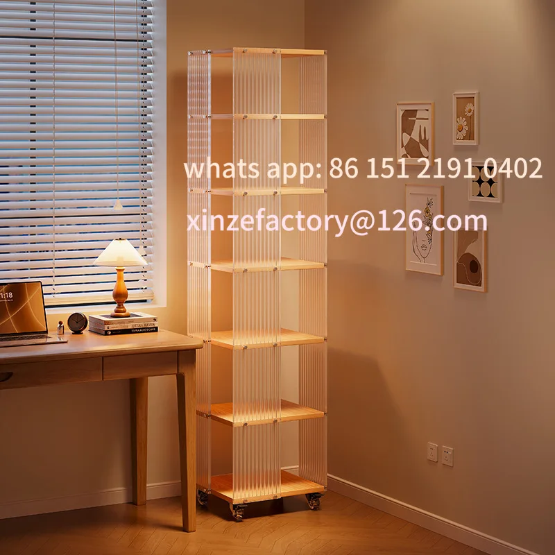 

Customizable acrylic rotating bookshelf 360 degree shelf next to the desk floor storage movable solid wood ecological board