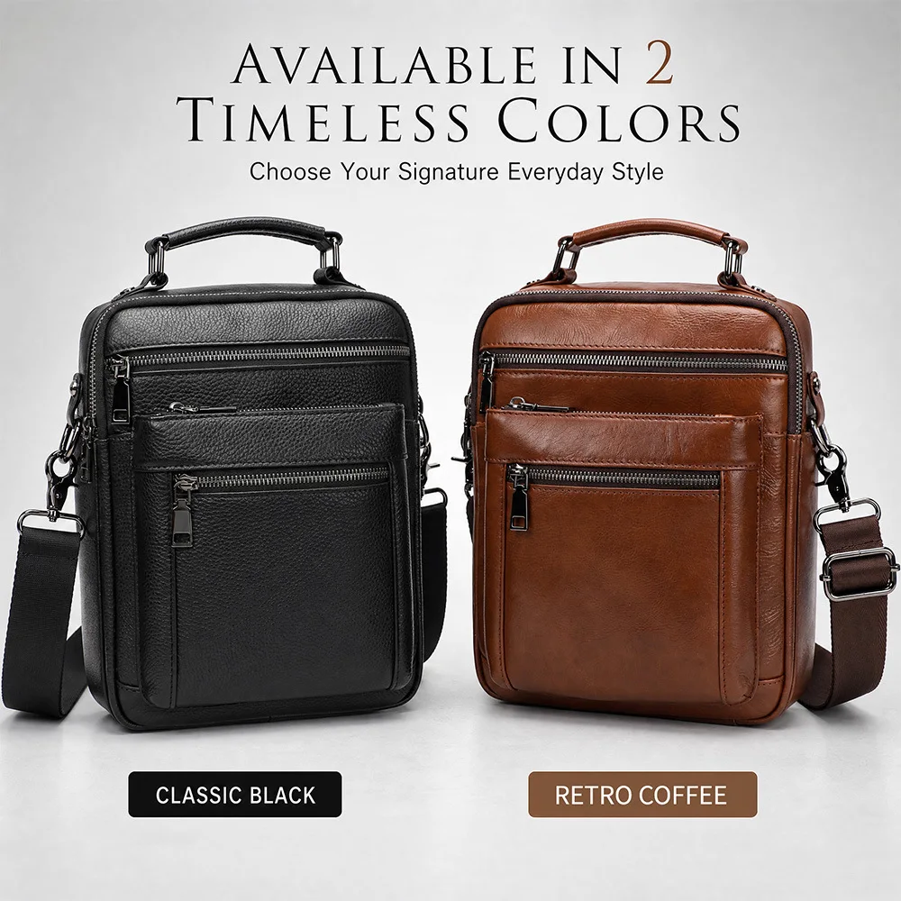 Men’s Shoulder Bag Genuine Leather Crossbody Business Messenger Multiple Compartments Anti-Theft Zipper for Work Daily Commute