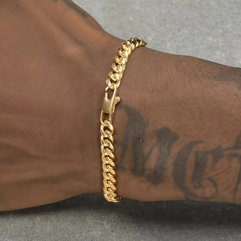 6mm Edelstahl Kubanische Kette Herren Armband Hip Hop 18k Goldfarben Verstellbare Schnalle Armband Mode Schmuck Accessoires – Detail 1