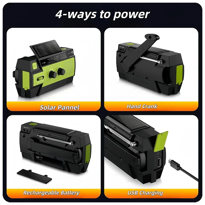 -A90P Emergency Weather Radio,Solar Charging, 3 LED Flashlights, LED Induction Reading Lamp, SOS Alarm, Rechargeable For Us