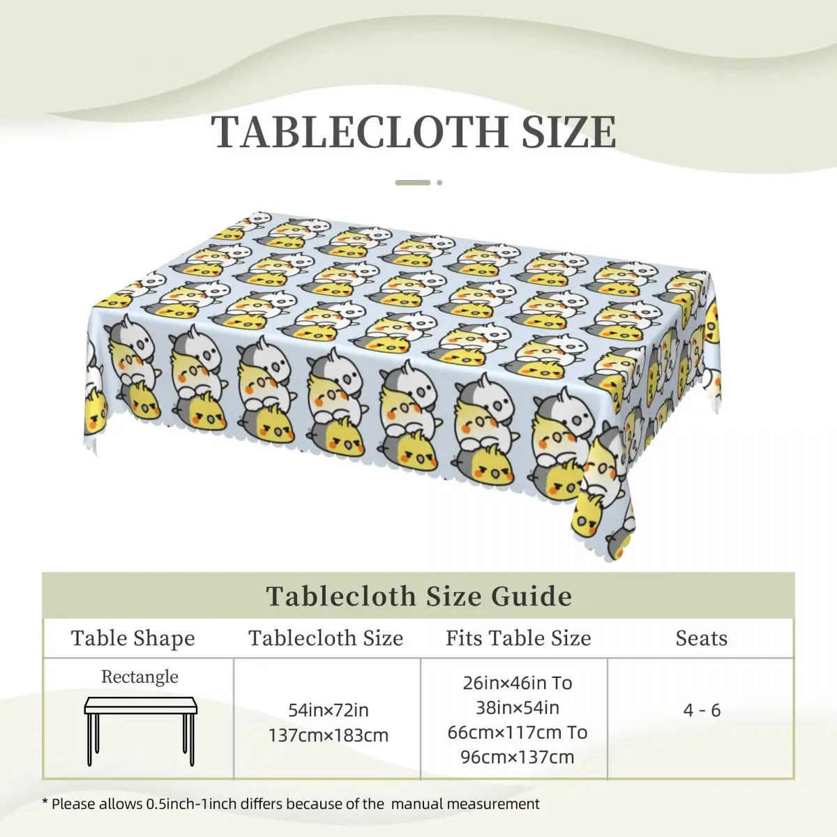 Pet Birds Cute Cockatiel Budgie Parrot Custom Rectangular Tablecloth Waterproof Table Cover for Dining Events Table Cloth