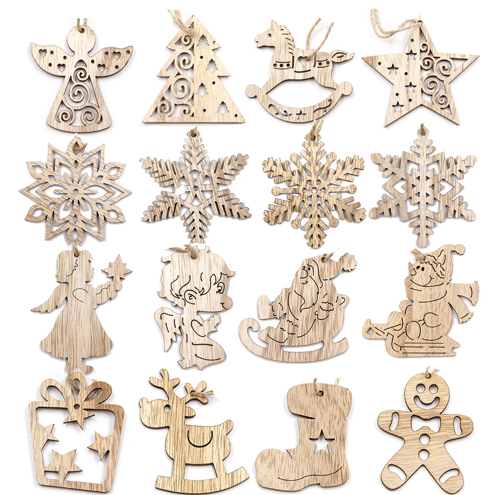 6PCS Vintage Christmas Wooden Pendant Hollow Canton Hanging Ornaments for Christmas Tree Decoration  DIY Wood Crafts Kids Toys