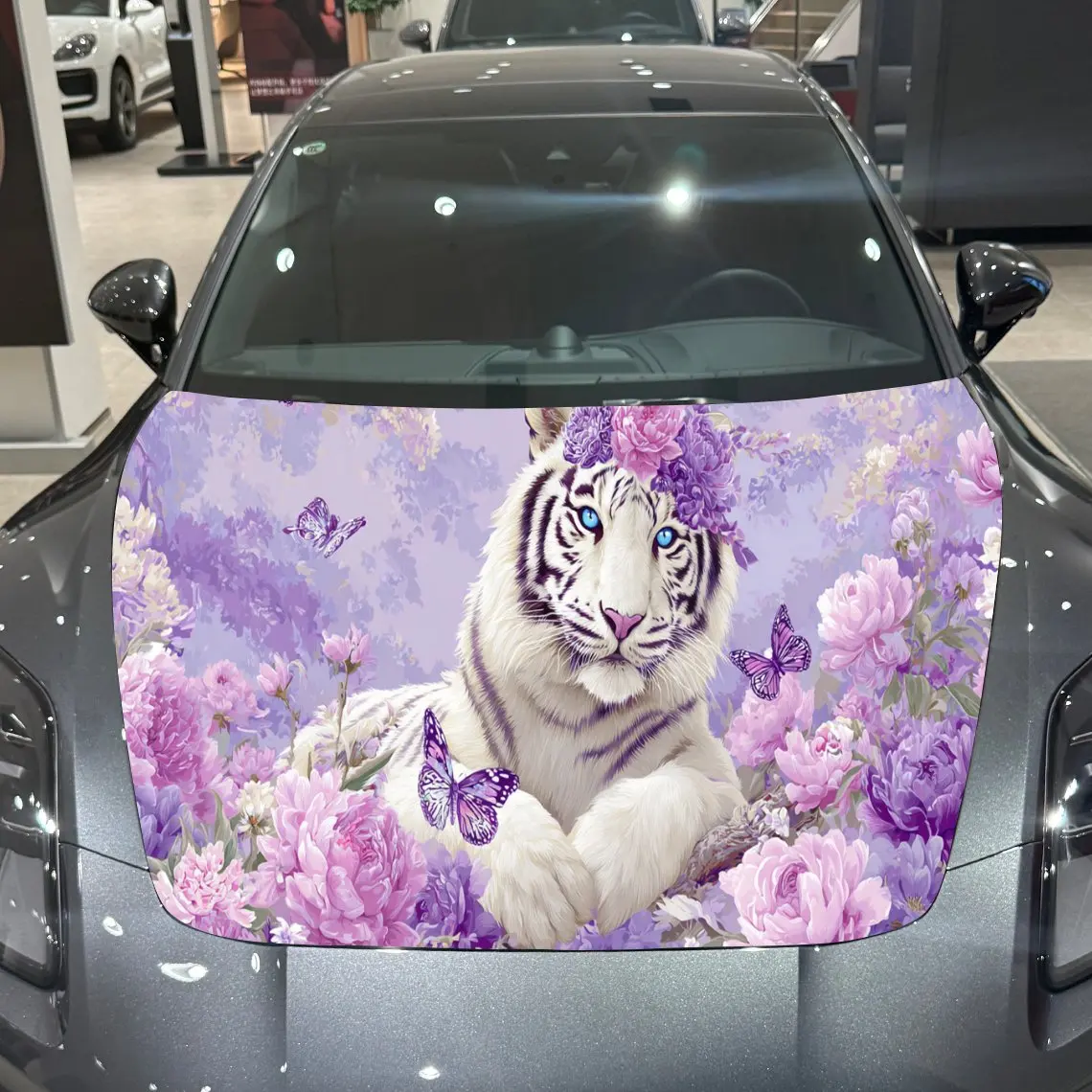 

Purple Floral White Tiger Fantasy Adventure PVC Car Engine Hood Vinyl Wraps, Self-Adhesive Waterproof Car Hood Decal Sticker, Ca