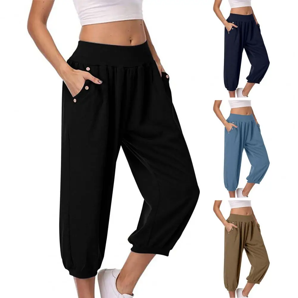 

Women Harem Pants Elastic High Waist Cropped Pants With Buttons Decor Pockets Trousers Solid Color Loose Fit Slacks 후궁 바지