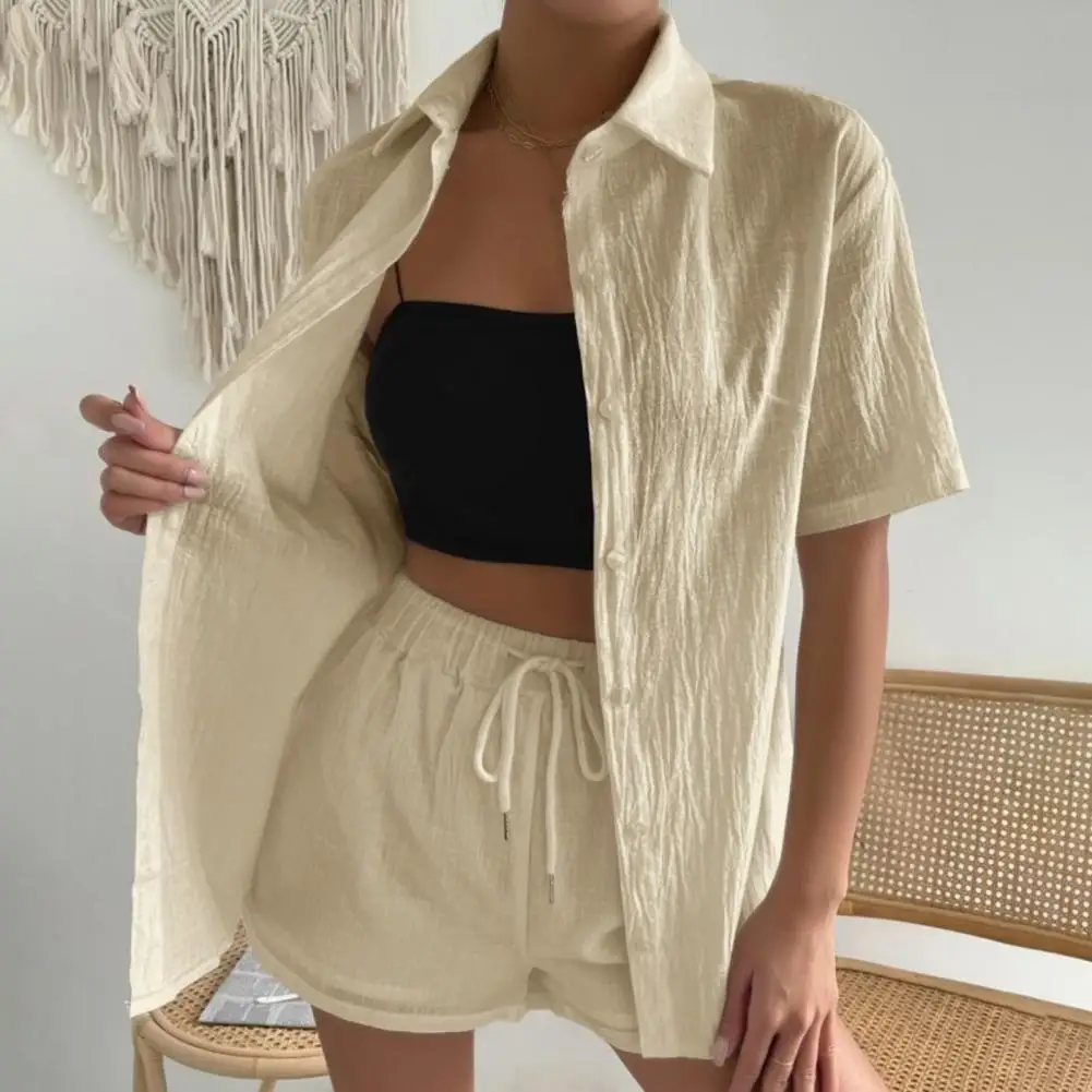 Short Sleeve Shirt Shorts Set Women's Casual Shirt Shorts Set with Elastic Drawstring Waist Lapel Collar Wide Leg for Summer