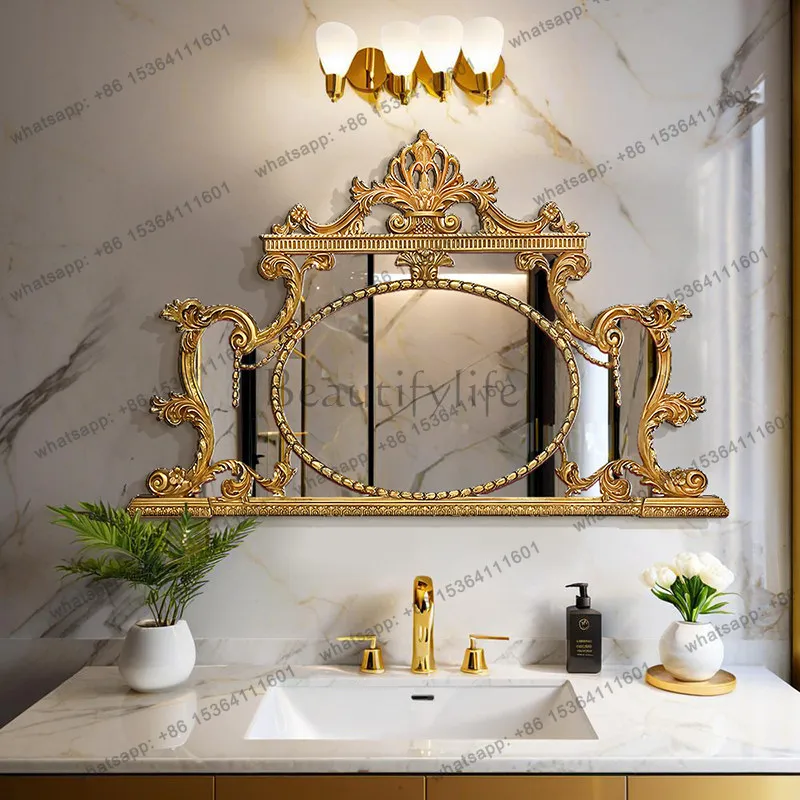 D33 French retro bathroom mirror wooden carved high-end entrance fireplace decorative mirror