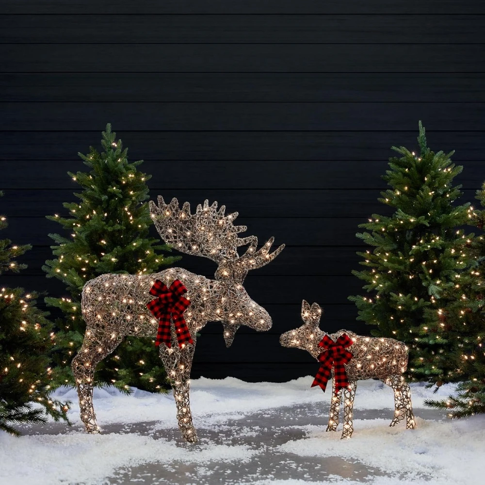 Moose Family 5ft 2-Piece, Lighted Outdoor Christmas Yard Decoration, Light-Up Décor Set w/ 370 LED Lights, Zip Ties - Rattan