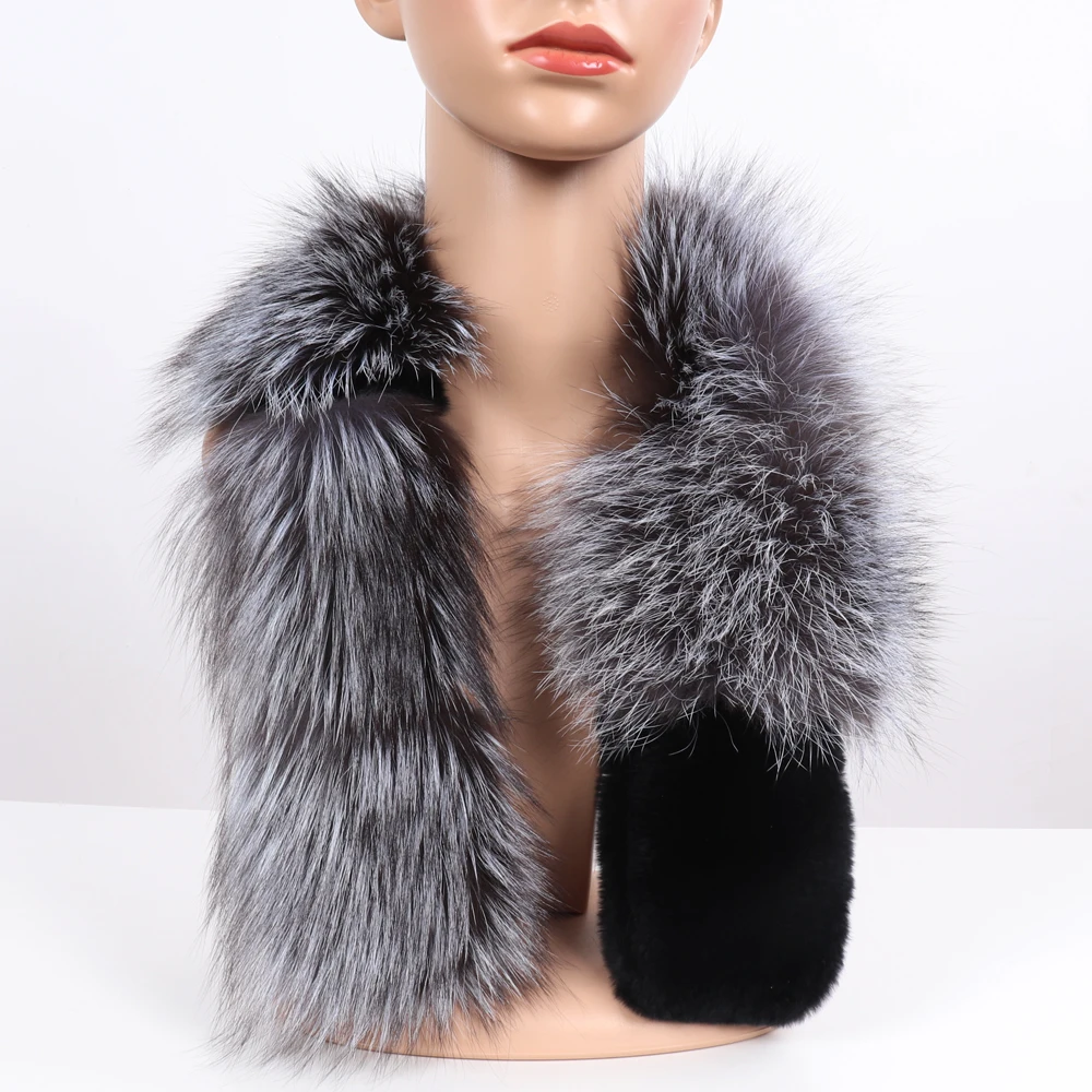 

New Winter Lady 100% Natural Real Fox Fur scarves Women Warm Fluffy Luxury Genuine Fox Fur Mufflers With Rex Rabbit Fur Scarf