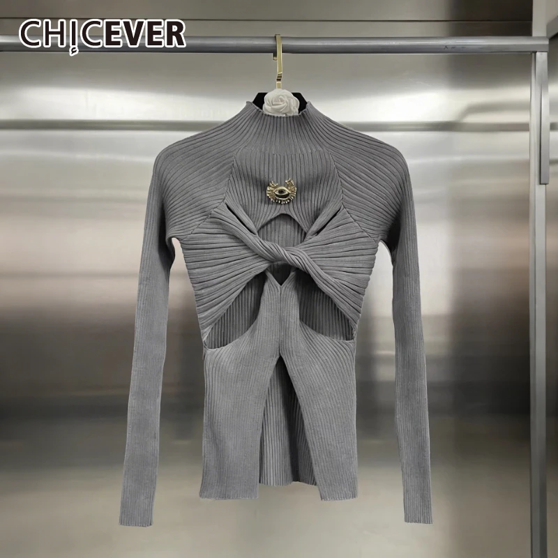 

CHICEVER однотонный ажурный свитер женский воротник-стойка с длинным рукавом для похудения сексуальный дизайн женские свитера осенняя мода