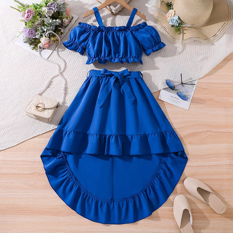 2024 Summer Child Clothes Sets Short Sleeve Slash Neck Tops Ruffles Blue Skirts 2 Piece Sets Designer Girls Clothes Sets 8-12T