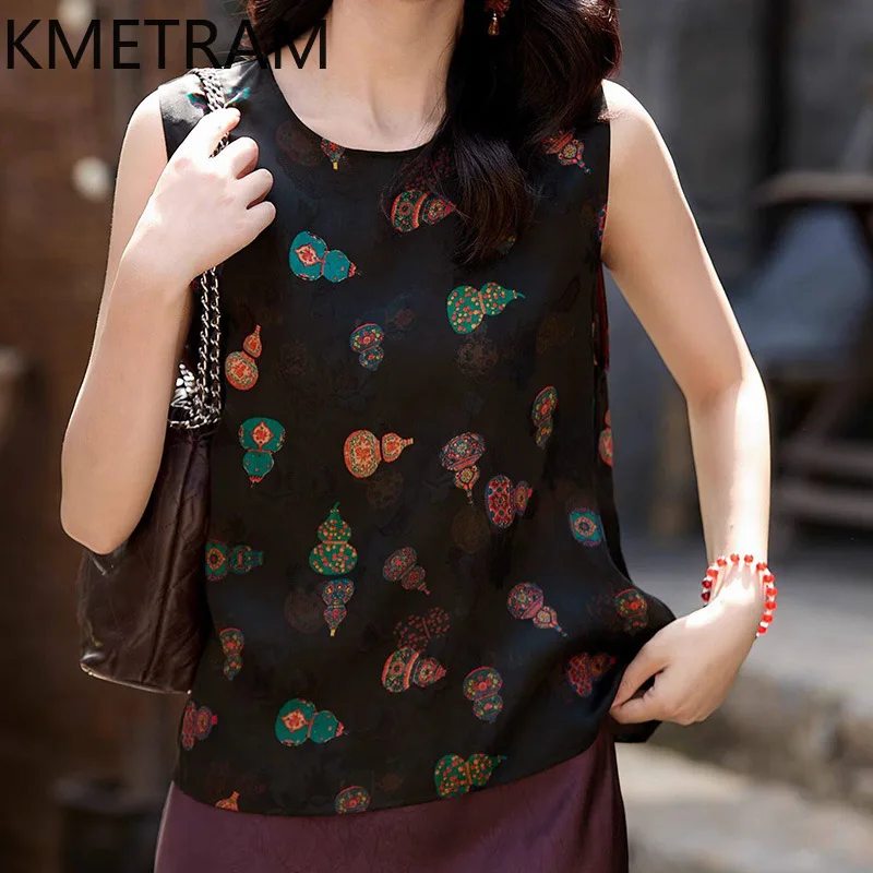 KMETRAM 100% Real Mulberry Silk Women's Tanks 23MM Red Cloud Gauze Vest Two-Way Wear Printed Summer Tops Woman Clothes 2026 топ