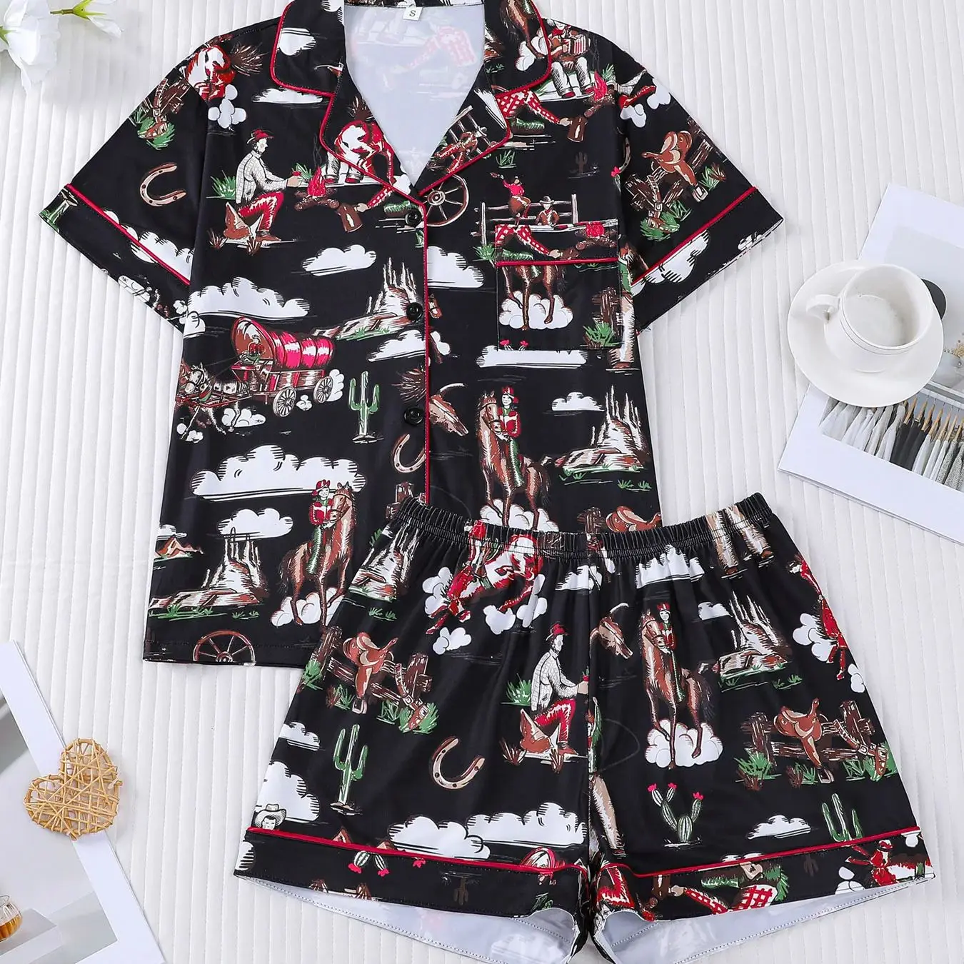 American Retro Western Cowboy Pajama Set for Women, Flip Collar Short Sleeve Shorts, Casual Vacation Home Clothes