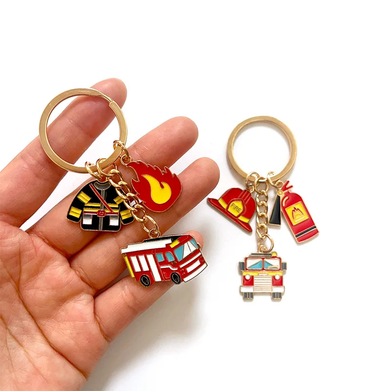 keychain fire Creative Metal Fireman Hat Fire Ambulance Keychain Flame Fire Alarm Badge Keychain Hero Gift
