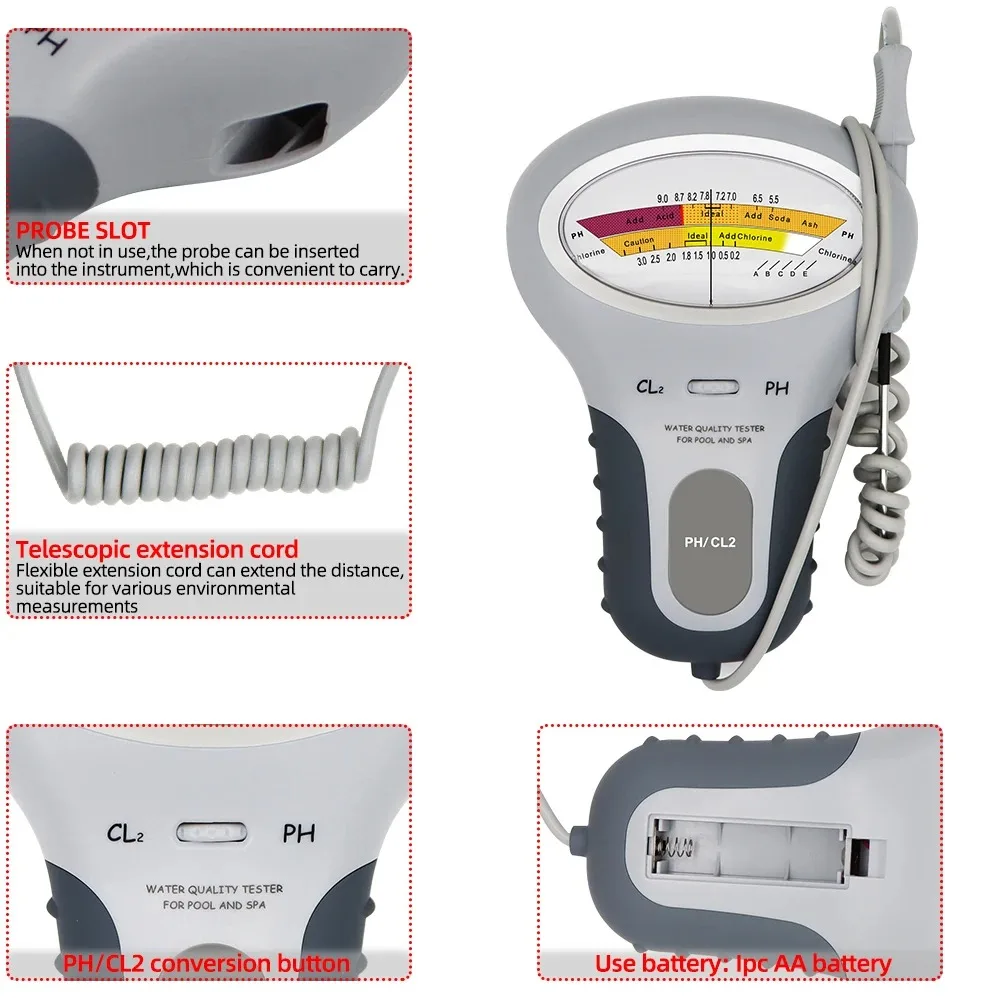 Professional PH Chlorine Cl2 Level Meter Tester with Probe for Swimming Pool Spa PH Chlorine Meter CL2 Measuring