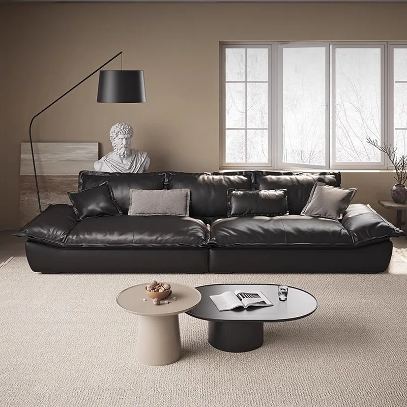 

Sofa, leather sofa, Italian minimalist top-layer cowhide, inline row large seat, deep sofa, living room, three-seater