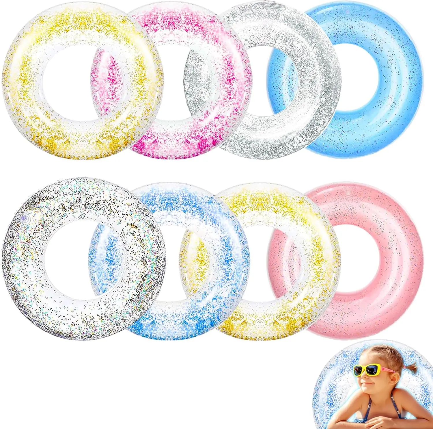 Pool Floats Rings Transparent Inflatable Swimming Rings Tube 29 Inch with Colorful Glitters Pool Floats for Kids Adults Pool Bea