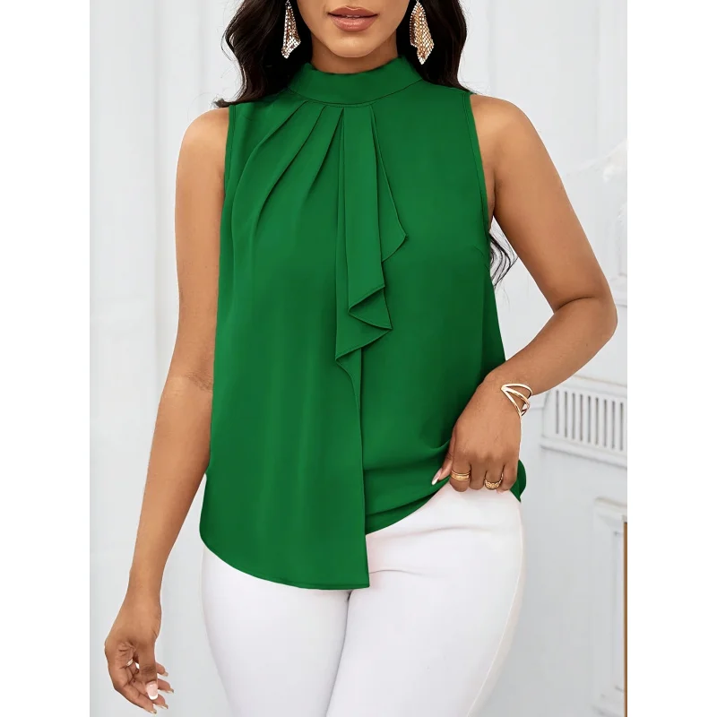 Women'S Fashion Solid Color High Neck Sleeveless Top,% Polyester, Lace-Up Detail, Woven Fabric, 120g/², Regular Length
