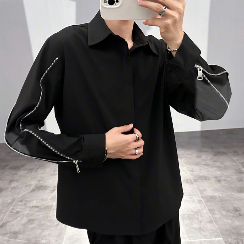 Spring Autumn New Fashion Turn-down Collar Long Sleeve Solid Men\'s Clothing Blouse Korean Button Zipper Trend All-match Shirts