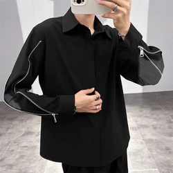 Spring Autumn New Fashion Turn-down Collar Long Sleeve Solid Men's Clothing Blouse Korean Button Zipper Trend All-match Shirts