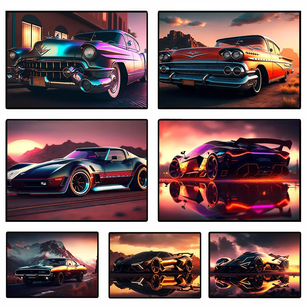 Retro Sedan Sunset Posters and Prints Multicolor Modern Supercar Motorcycle Wall Art Picture Vintage Canvas Painting Home Decor