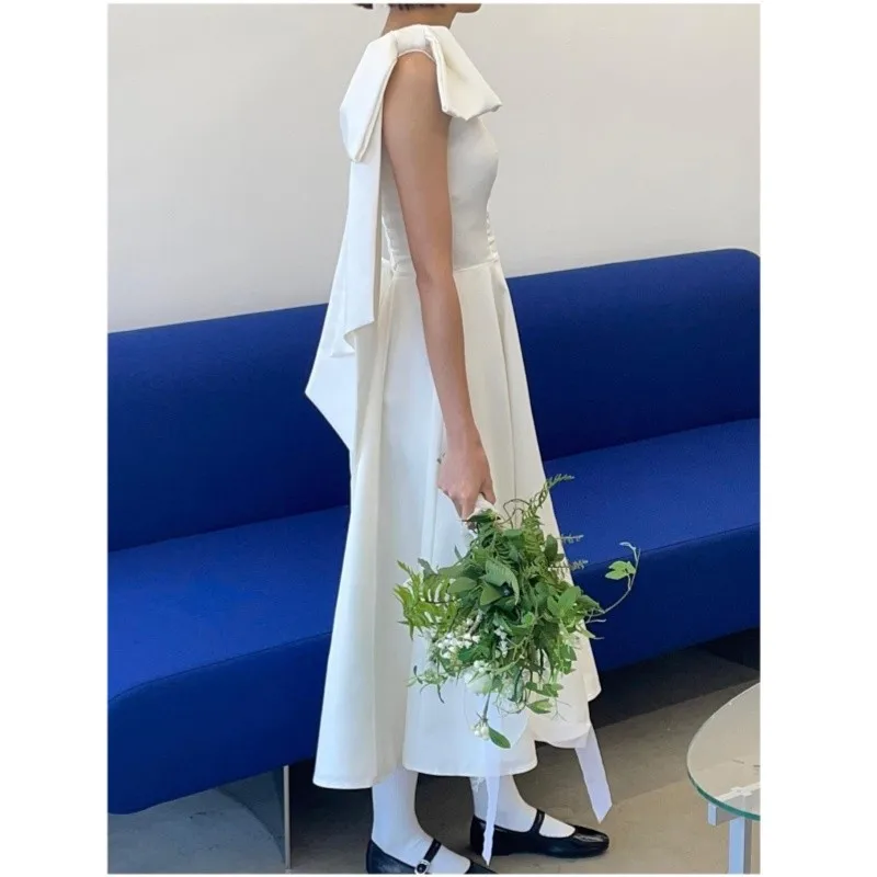 Sweet Bow One Shoulder Bridal Dresses Newest Simple Short Wedding Dress For Women Satin A-line Elegant Birthday Party Dresses