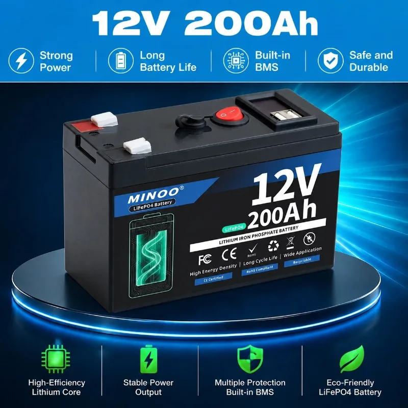 12V 200Ah LiFePO4 Solar Battery Deep Cycle Rechargeable Built-in BMS Lithium 200000mAh for Power Wheels Scooters Fish Finder