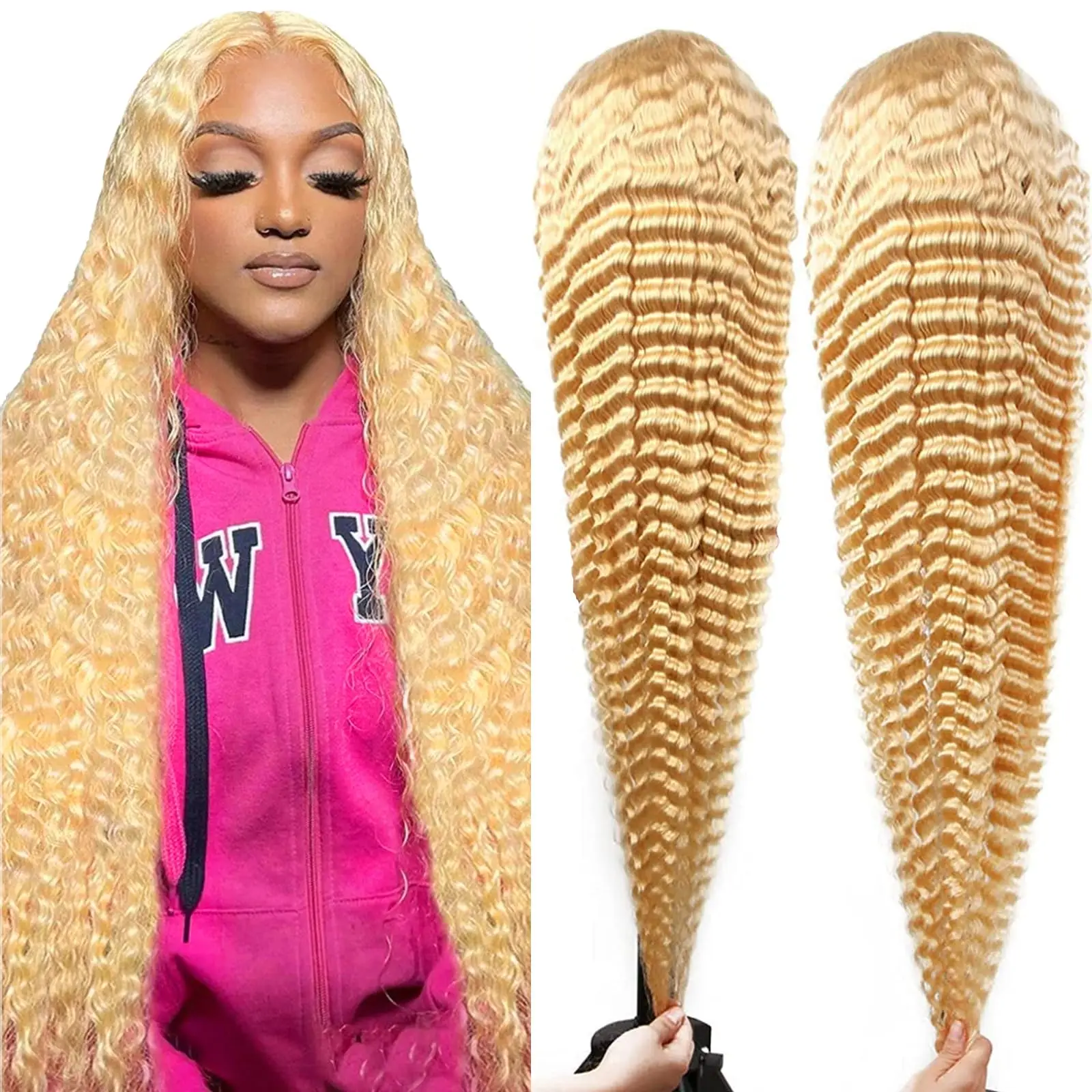 34-дюймовый парик фронта шнурка Человеческие волосы 613 13x4 Прозрачные кружева Глубокая волна 250 Плотность Свободная часть Блондинка Парики фронта шнурка Человеческие волосы