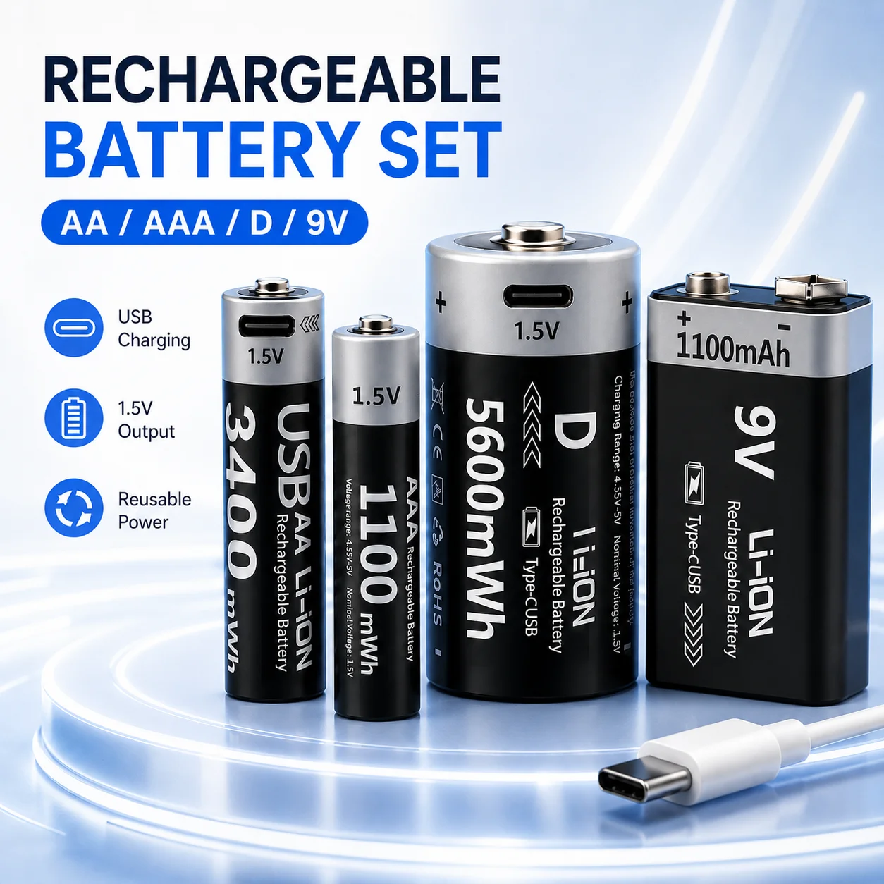 

High Capacity 1.5V USB Type-C Rechargeable Lithium Ion Battery AA 3400mWh AAA 1100mWh for Remote Control Mouse Electric Toy