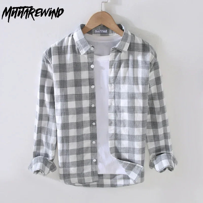 Harajuku Plaid Shirt Men Spring Fall Daily Fresh Long Sleeve Casual Shirts Square Collar 100% Cotton Male Shirts Simple Tops