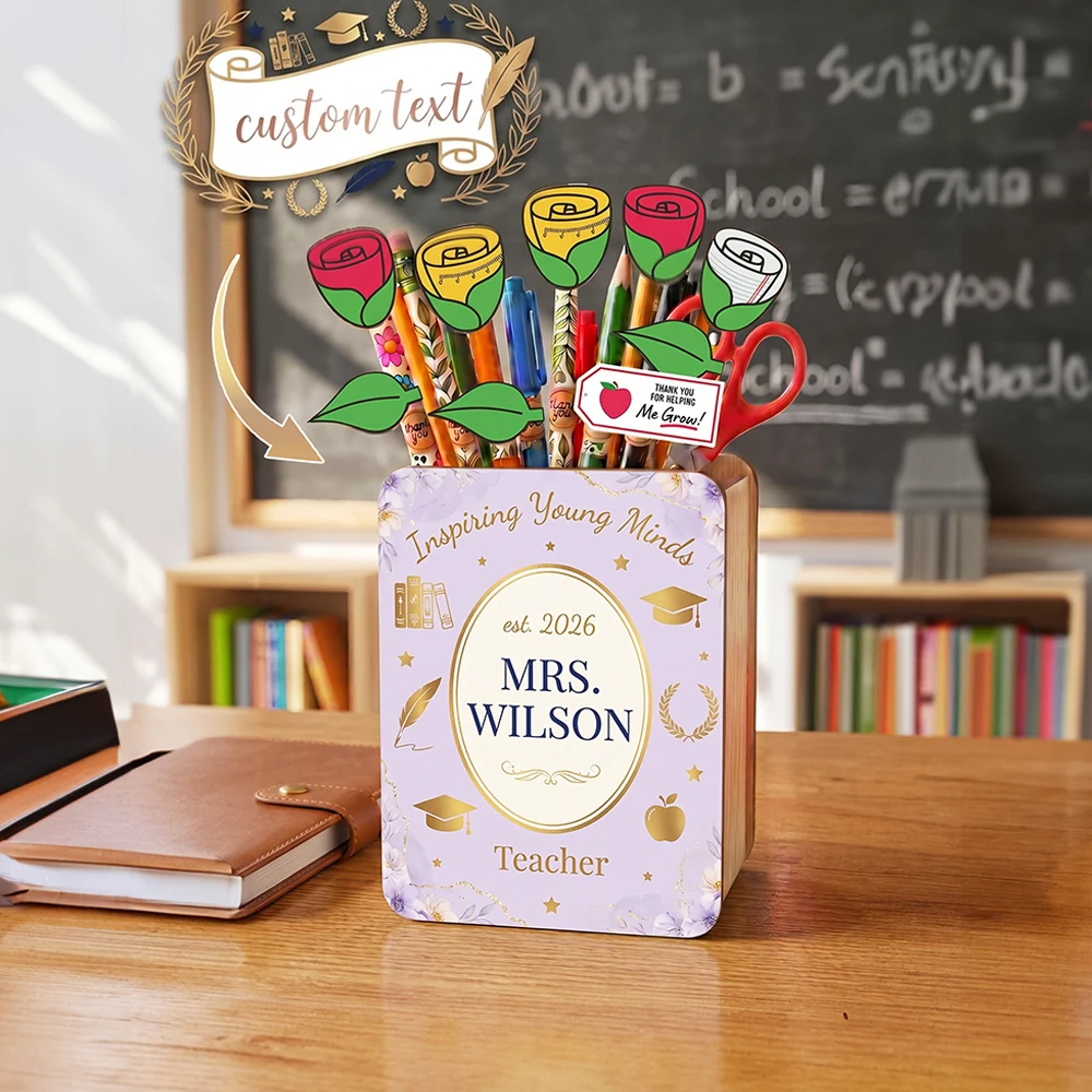Custom Text Wooden Pencil Holder,Personalized Teacher Desk Storage,First Of School Gift,Teachers,Office Desktop,Pen Container