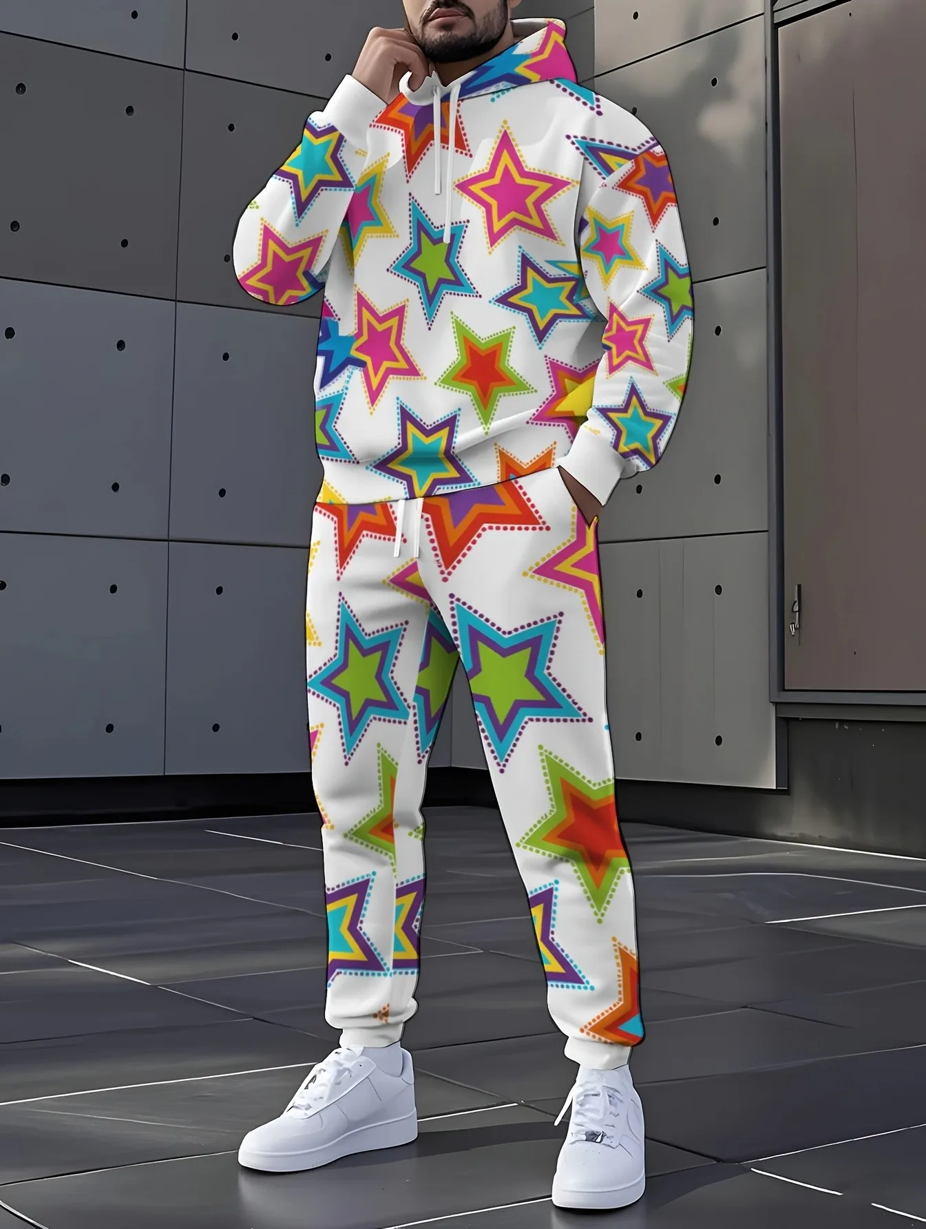 2026 Autumn/Winter New Style Street Casual Simple Fashion Comfortable 3D Star Pattern Printed Men's Hooded Sweatshirt Set