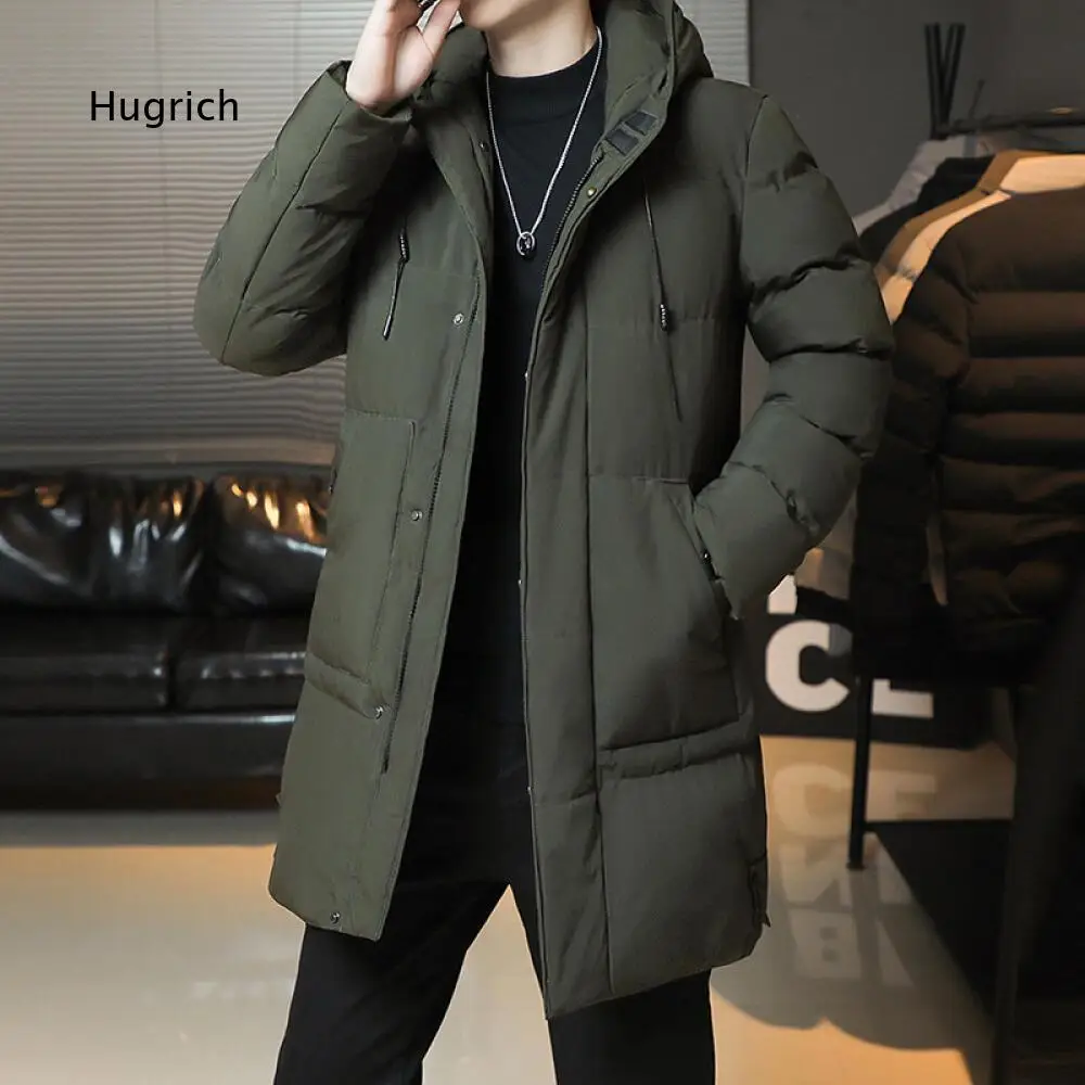 Winter Hooded Padded Outer Coat For Men Mid Length Long Sleeve Zip Button Jacket For Cold Weather Daily Outdoor Activities