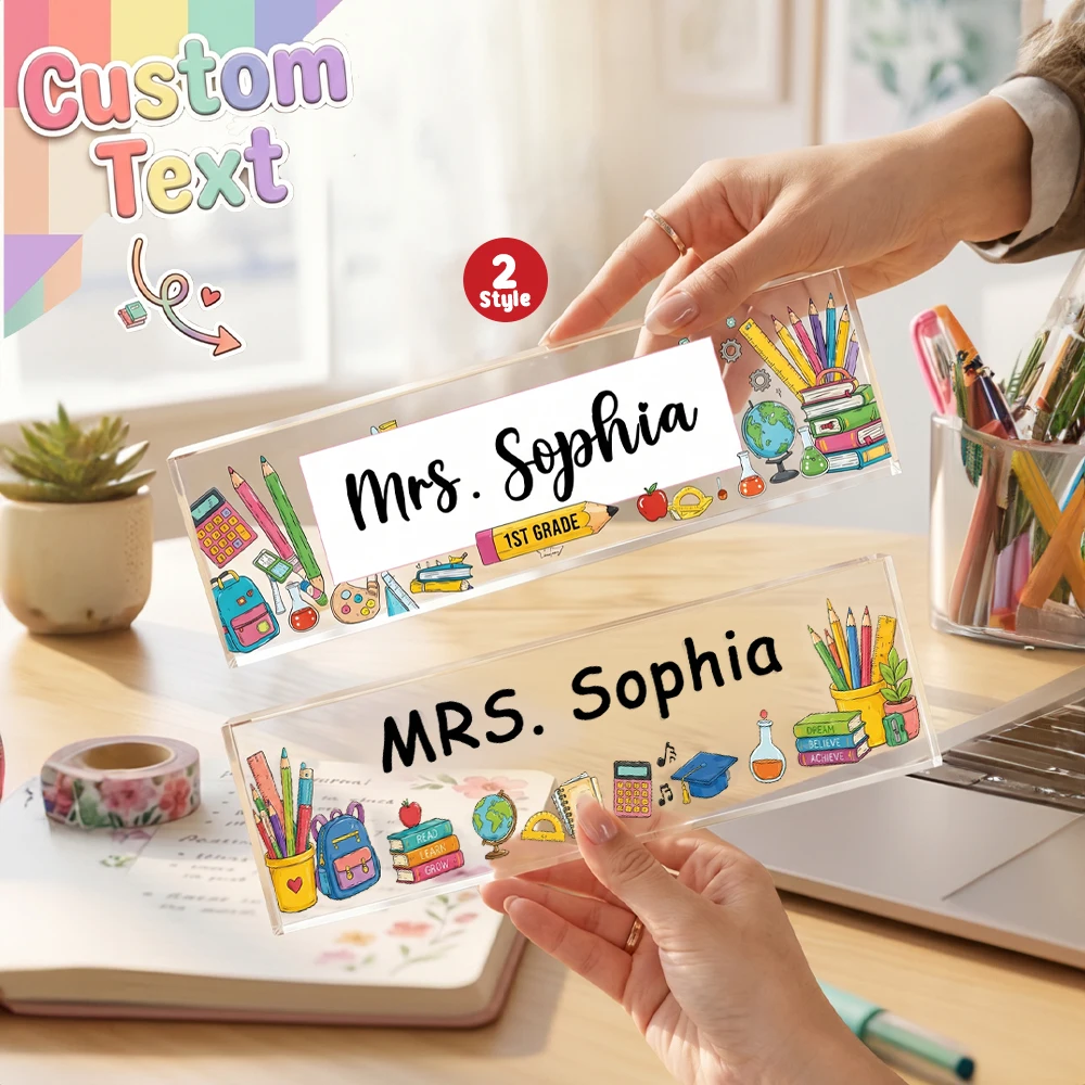 Customizable Teacher Acrylic Desk Nameplate, Personalized Name Office Desktop Plaque, 2 Styles Stationery Design, Educator Gift