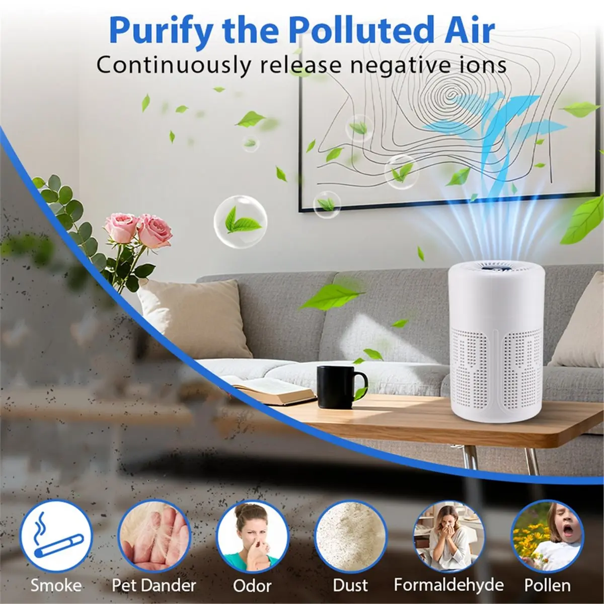 FZFZ Mini Desktop HEPA Filter Negative Technology Quiet Air Cleaner Portable for Home Bedroom