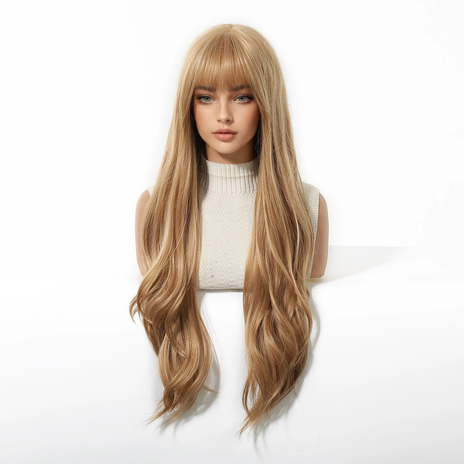 Long Golden Blonde Wave Synthetic Wigs with Bangs for Women Golden Brown Natural Cosplay Costume Daily Hair Wigs Heat Resistant image 5