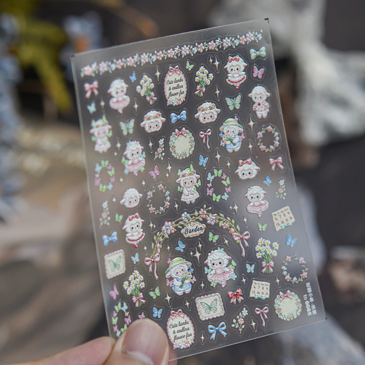 Cartoon Garden 5D Nagelaufkleber Niedliches Lamm Bouquet Schleife Kranz Schmetterling Blumenrahmen Tag Nagelsticker Süße Maniküre Nageldekoration