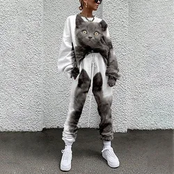 Spring Autumn Cute White Cat Print Sweatshirts and Long Pant Two Piece Sets Women's Tracksuit Casual Long Sleeve Sport Suits