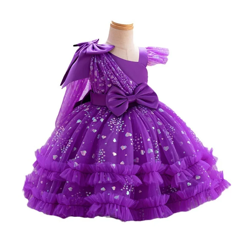 Girl\'s New Bow Star Print Sweet and Cute Mesh Princess Dress Wedding Flower Boy School Stage Drama Performance Dress