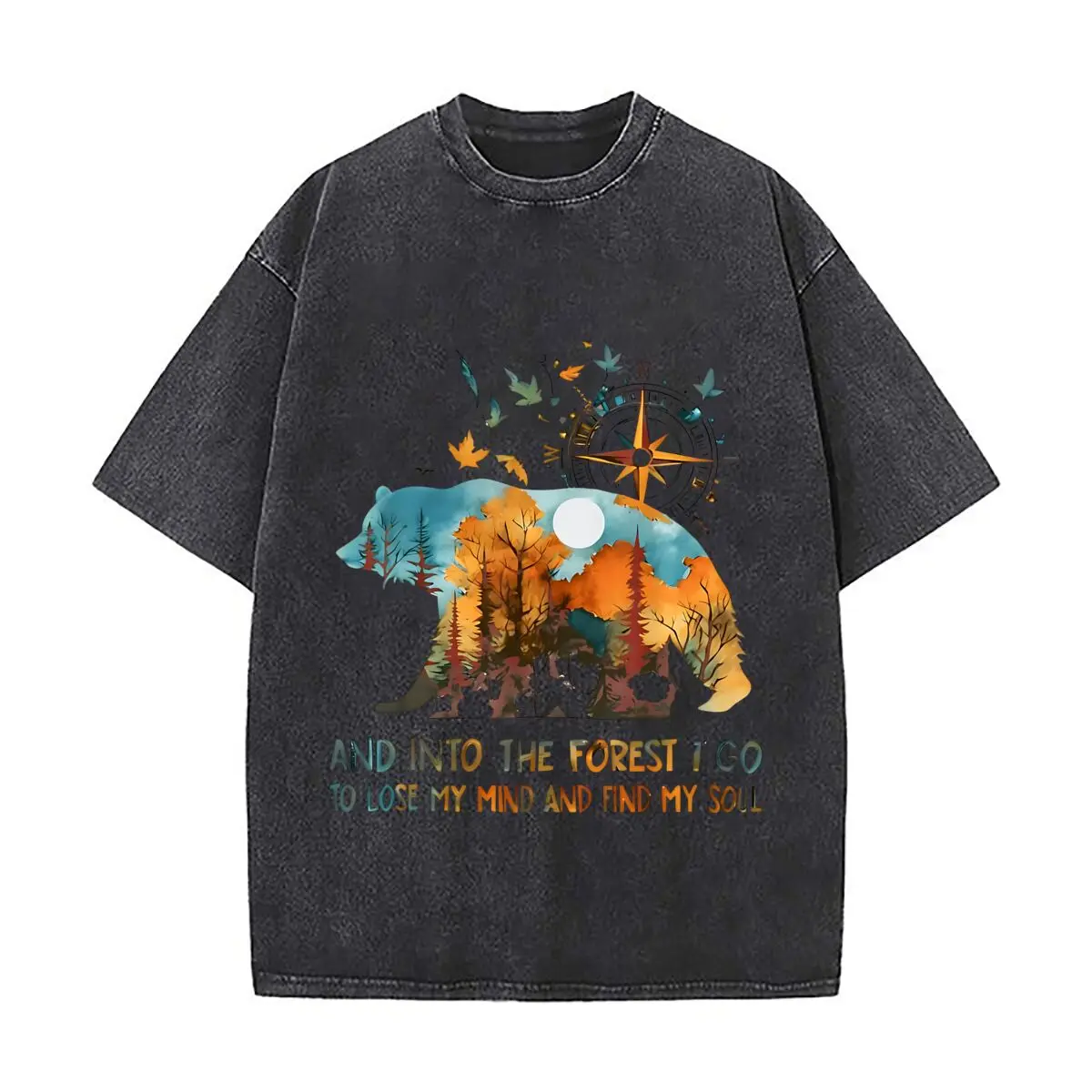 Inspirational Forest Bear Compass Distressed Faded Baggy Streetwear Tops for Park Hangouts
