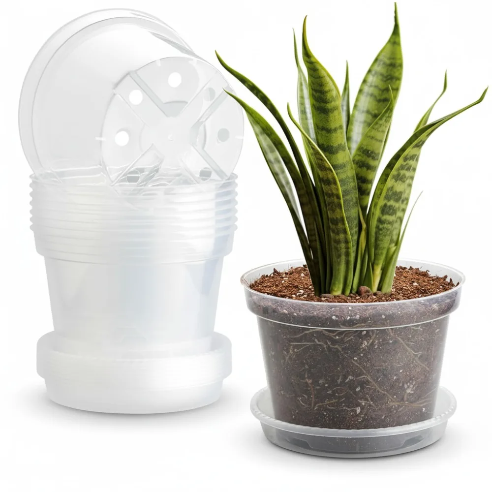 

7 Pack 8 Inch Clear Plastic Plant Pots with Saucers, Transparent Nursery Pots for Succulents Herbs Vegetables, Gardening Gifts