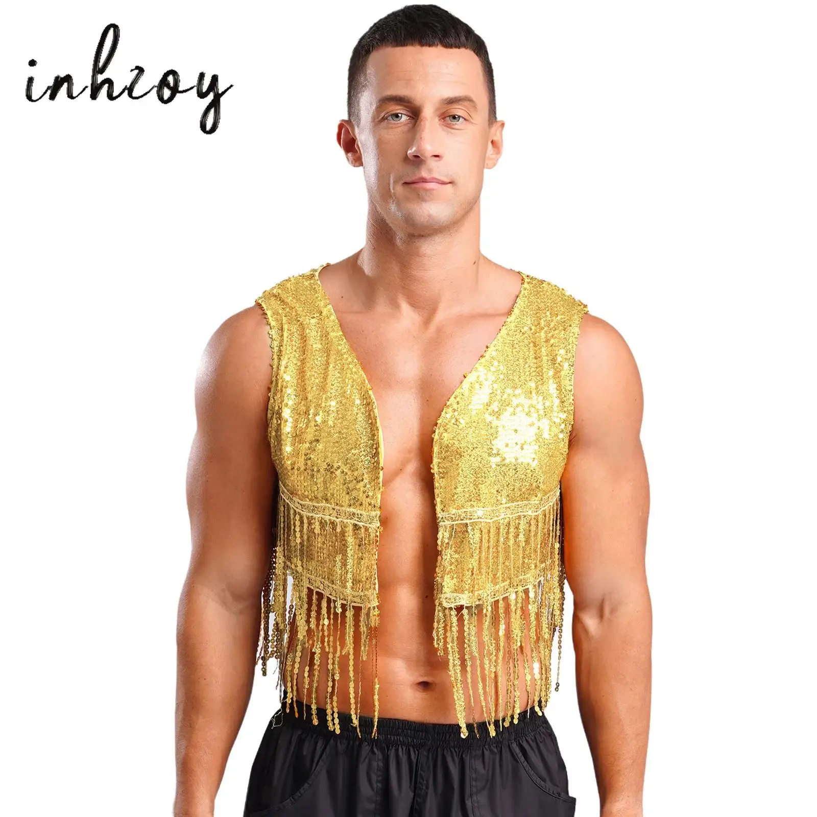 

Mens Cowboy Vest Tops Open Front Sleeveless Shiny Sequined Tassels Cardigan Waistcoat Vintage 70s Disco Jazz Dance Costume