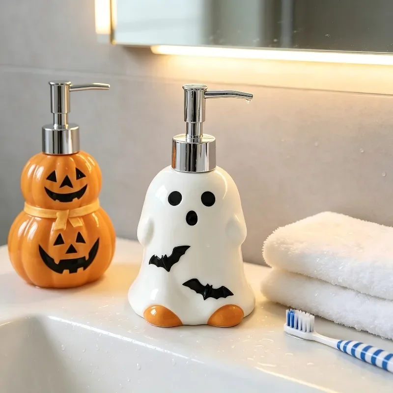 280ML Halloween Ghost Pumpkin Shaped Ceramic Lotion Bottle Bathroom Soap Dispenser Home Hand Soap Body Wash Refillable Bottle