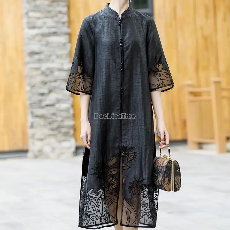 2024 chinese traditional vintage qipao women\'s black qipao lady standing collar ethnic style embroidery graceful cheongsam dress