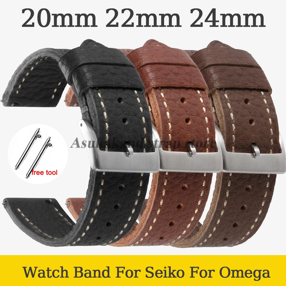 20 มม.22 มม.24 มม.นาฬิกาหนังสําหรับ Seiko สําหรับ Omega ของแท้หนังธุรกิจนาฬิกาผู้ชายสายรัดข้อมือเข็มขัดอุปกรณ์เสริม