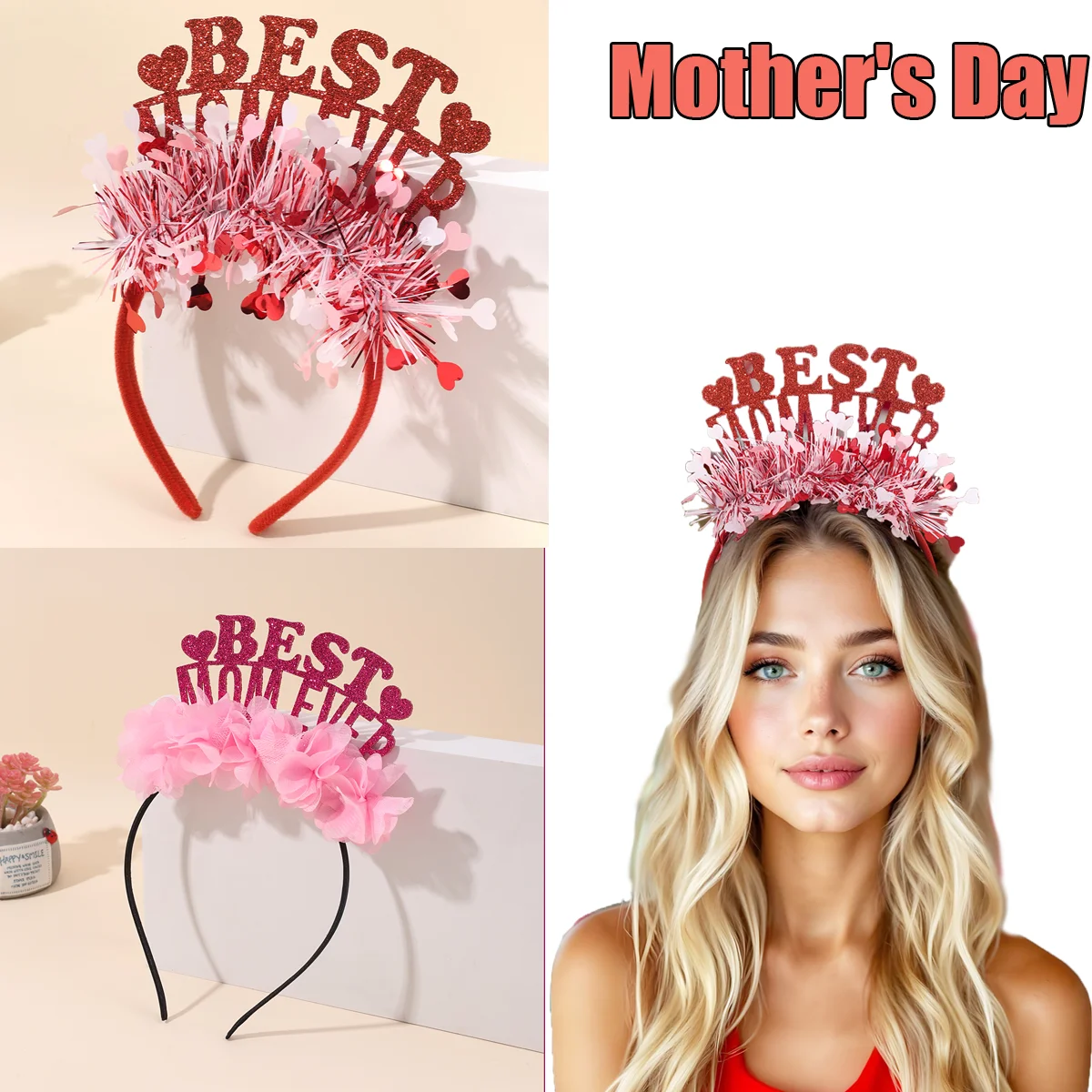 Mother's Day Headband For Mother Birthdays “Mom Ever Best” Glitter Sparkles Crown Heart Sequins Hair Hoops Goddess Accessories