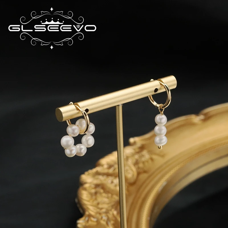 GLSEEVO Original Design Minimalist Dissymmetry Natrue Pearl Earring Hanging Round Unique Jewelry Girl Party Banquet Eardrop Gift