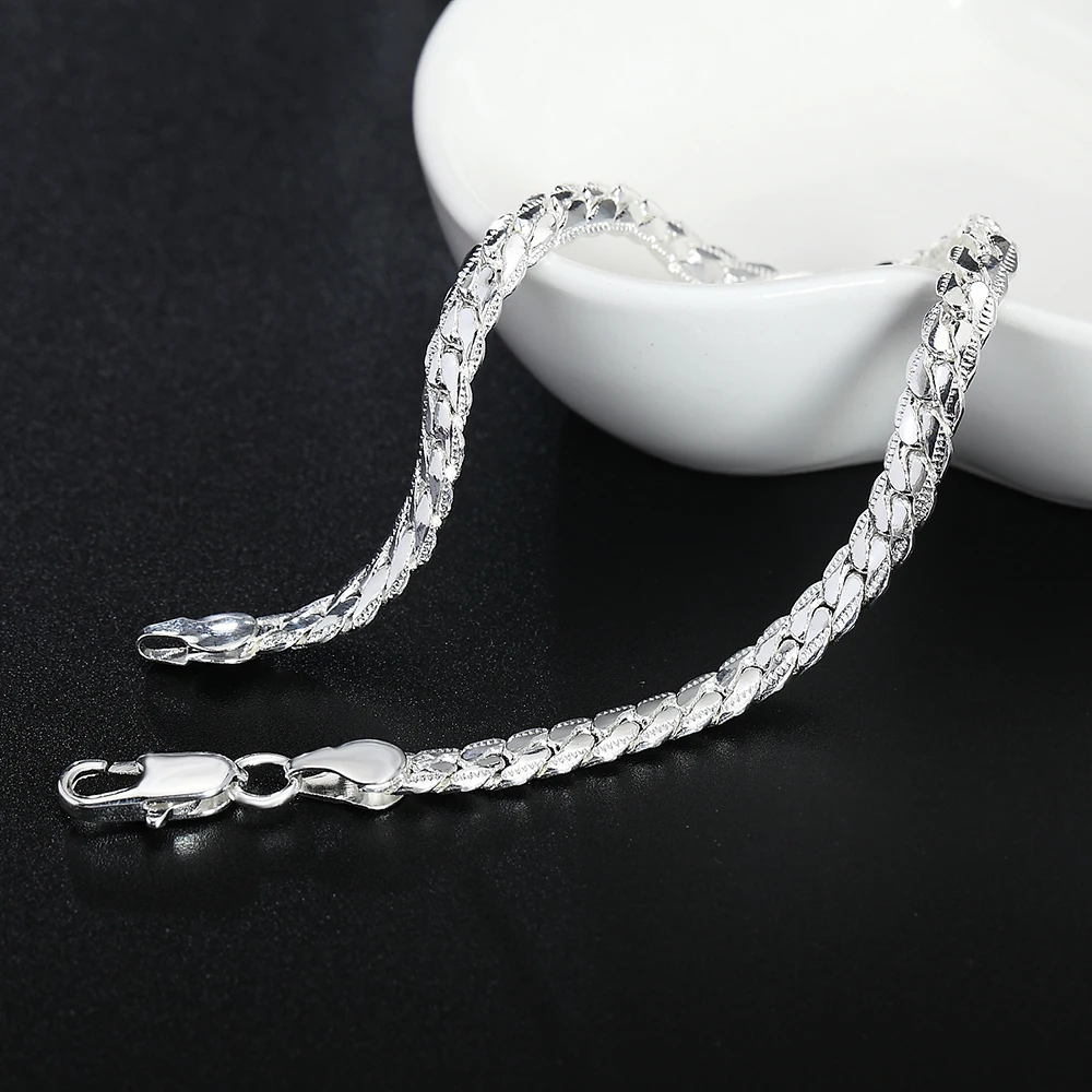 925 Sterling silver Classic flat sideways chain Bracelets for women men\'s Fashion Party Wedding Jewelry Gifts pulseras