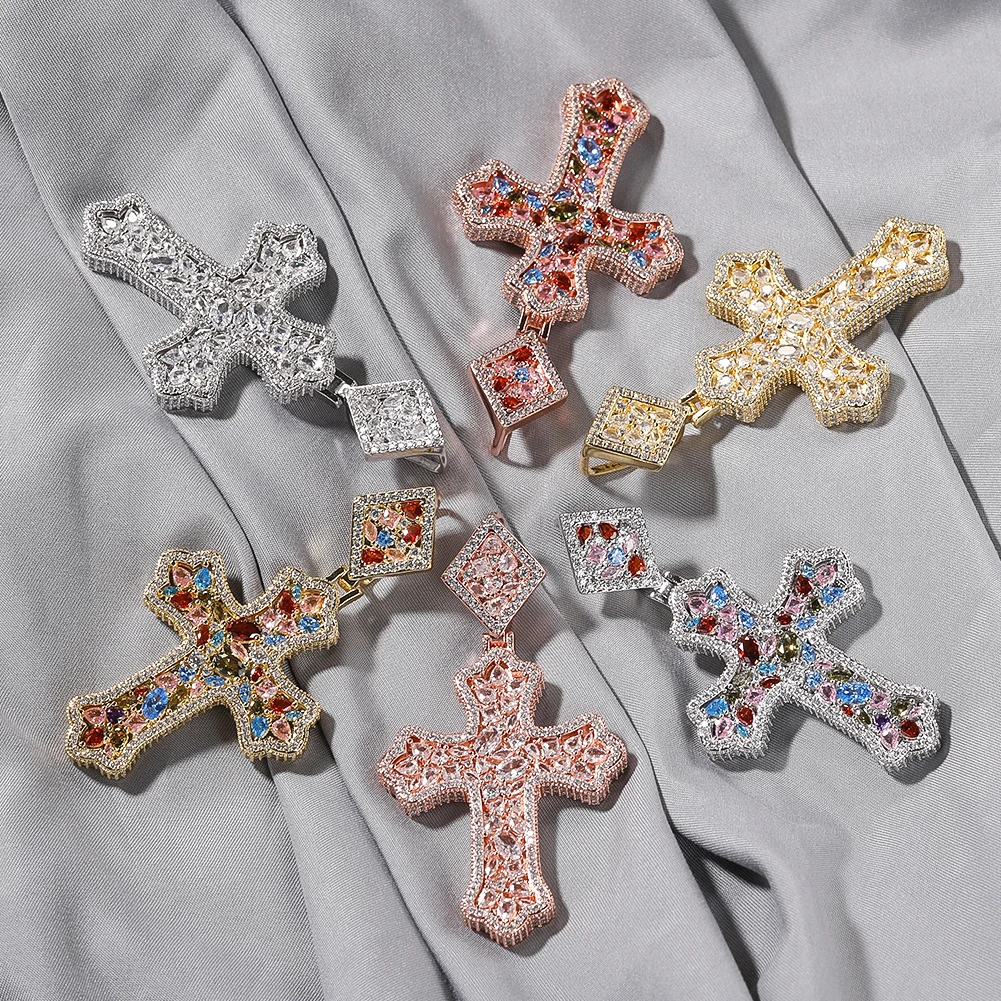 THE BLING KING Rainbow Gems Prismatic Cross Pendant Chain Iced Out Cubic Zirconia 3D Cham Necklace Fashion Hiphop Jewelry