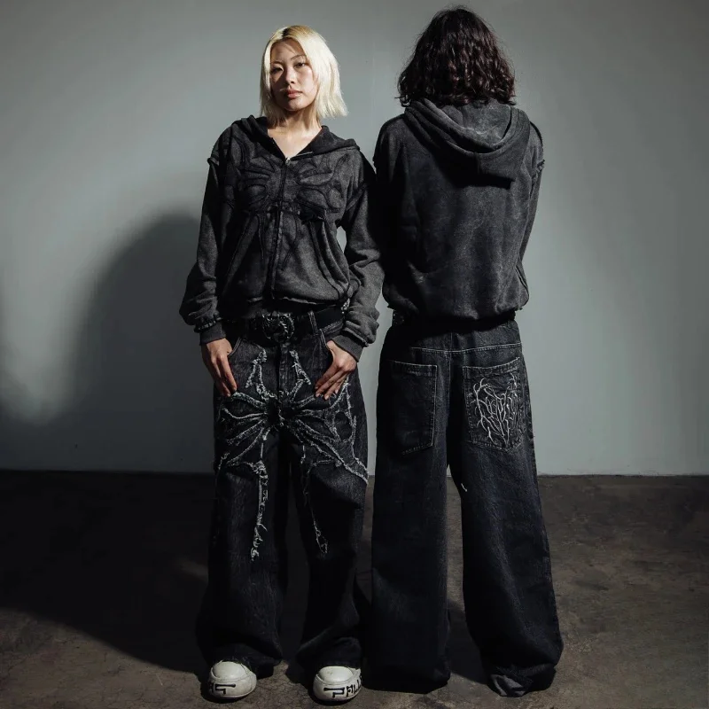 High Street Spider Embroidered Patch Hip Hop Y2K Phantom Jeans Gothic Retro Oversized Pants Baggy Fit Unisex Mopping Trousers